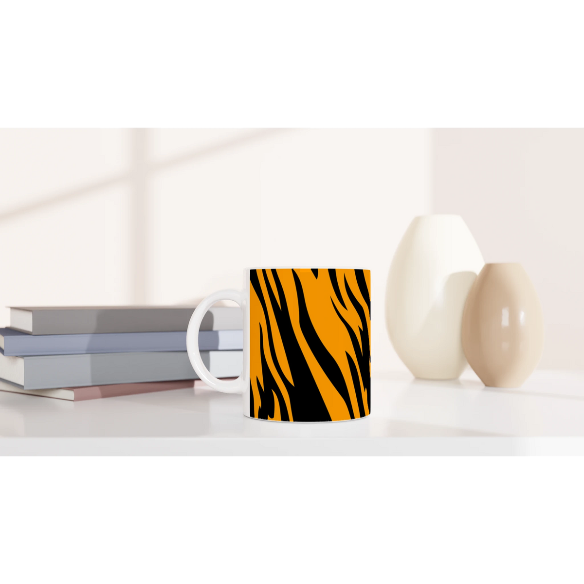 Orange and black tiger-print mug with bold animal pattern for coffee or tea, ideal for home, office, or gifting.