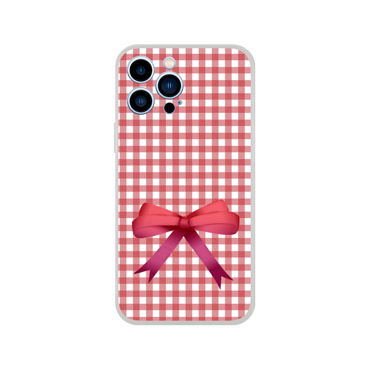 Red gingham bow iPhone case for iPhone 13–16 in a cute coquette aesthetic, featuring a pink bow and slim protection.