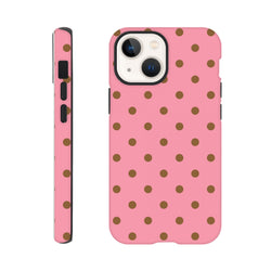 Pink and brown polka dot tough iPhone case with glossy finish and shock-absorbing TPU protection for daily bumps.