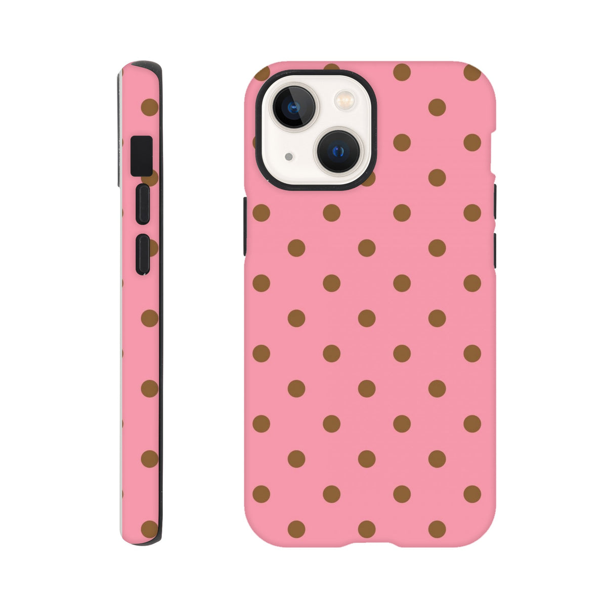 Pink and brown polka dot tough iPhone case with glossy finish and shock-absorbing TPU protection for daily bumps.