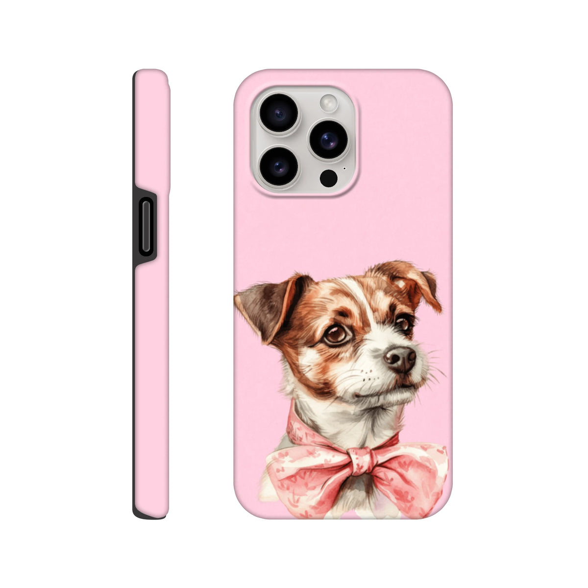 Pink tough iPhone case featuring a cute brown and white puppy wearing a floral bow tie. Shock-absorbent protective phone cover.
