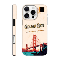 Retro San Francisco iPhone case featuring a vintage Golden Gate Bridge postcard design in red and teal on a cream background.