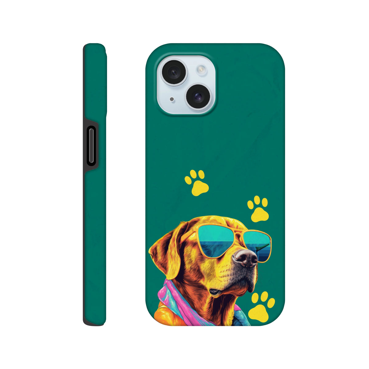 Teal tough iPhone case featuring a cool dog wearing sunglasses and yellow paw prints. Shock-absorbing protection for daily carry.