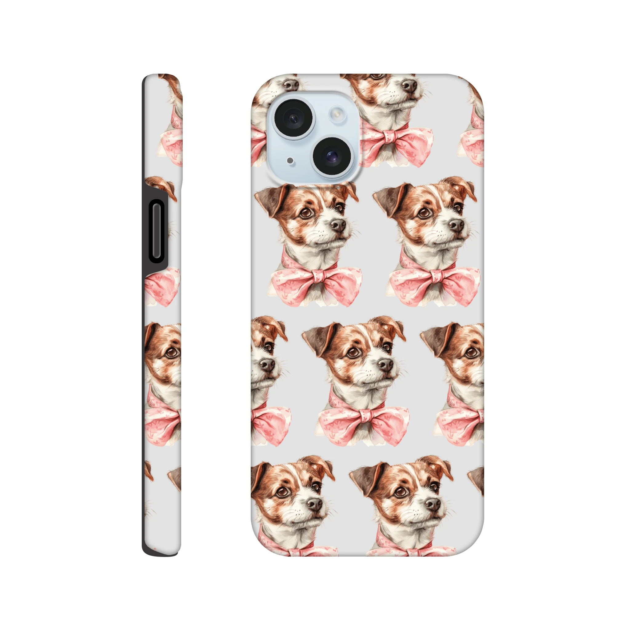 Cute dog pattern iPhone case with pink bow ties, glossy wraparound print for tough protection.
