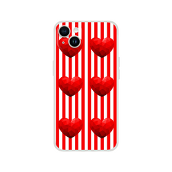 Red Stripe Heart iPhone Case (13-16): vertical red stripes with polygon hearts, cute romantic aesthetic.
