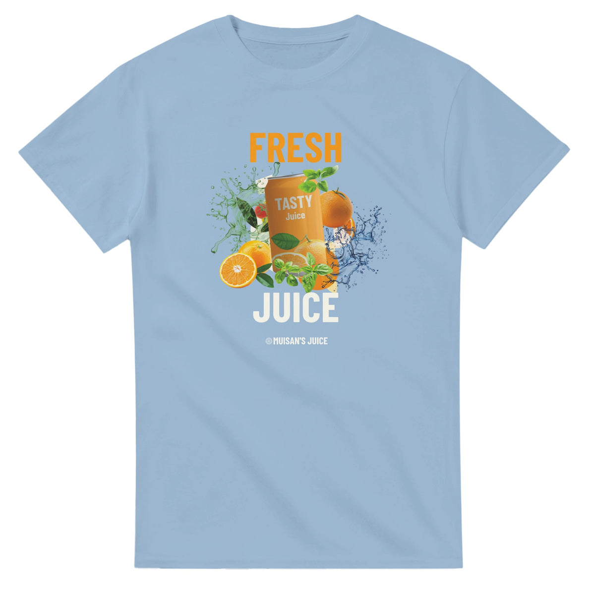 Fresh Juice Women's graphic tee in blue with an orange juice can, fruit graphics, and splash design.