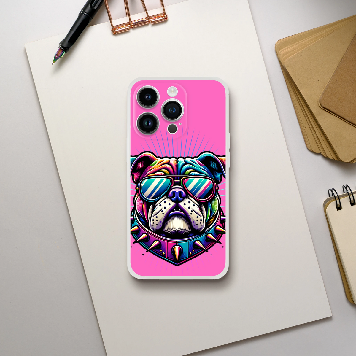 Slim Y2K Bulldog iPhone Case for iPhone 13–16 with pink retro dog art and a matte finish.