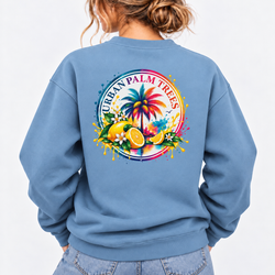 Light blue women's palm tree sweatshirt with colorful tropical fruit back graphic