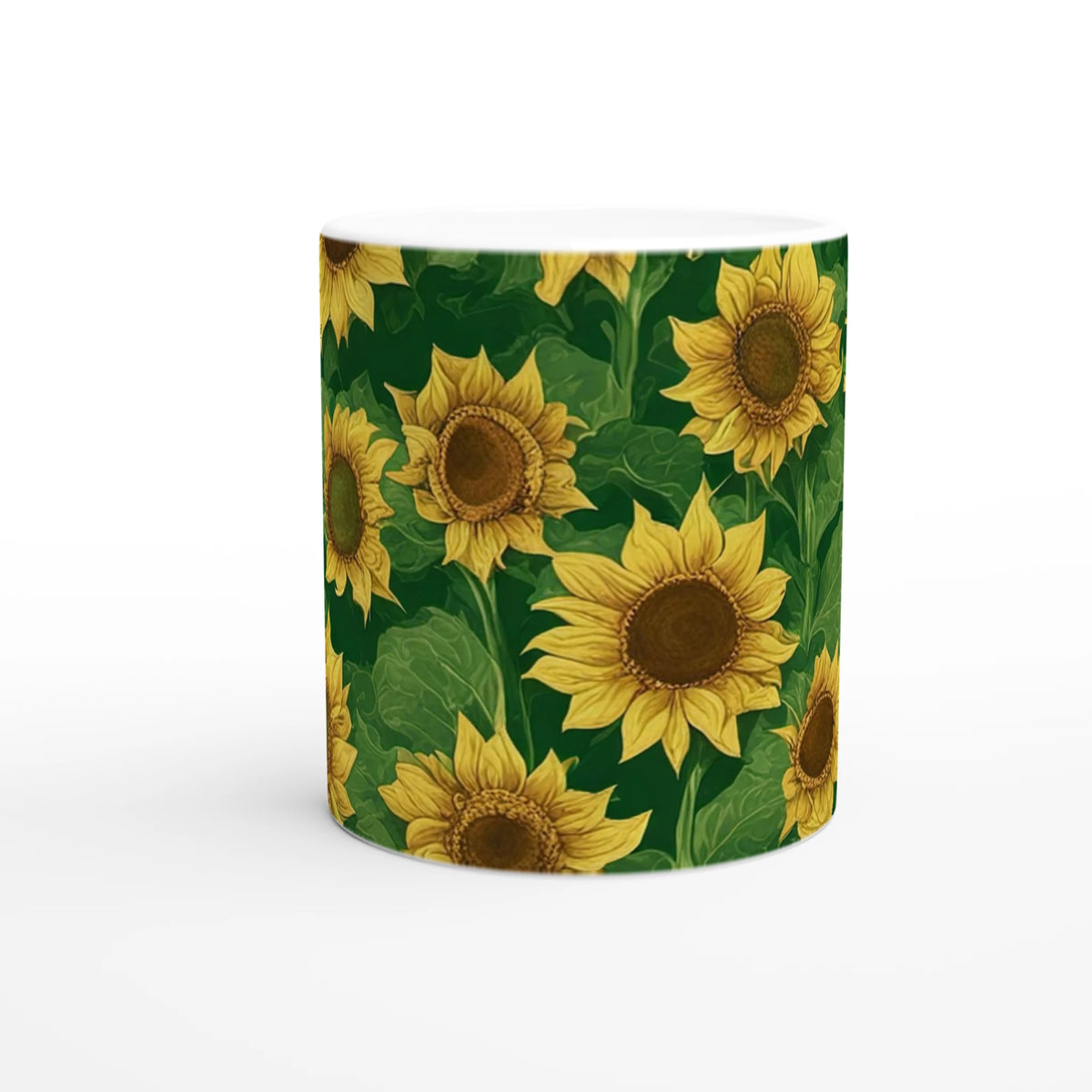 Vintage sunflower mug with yellow blooms on a green background, ceramic coffee cup.