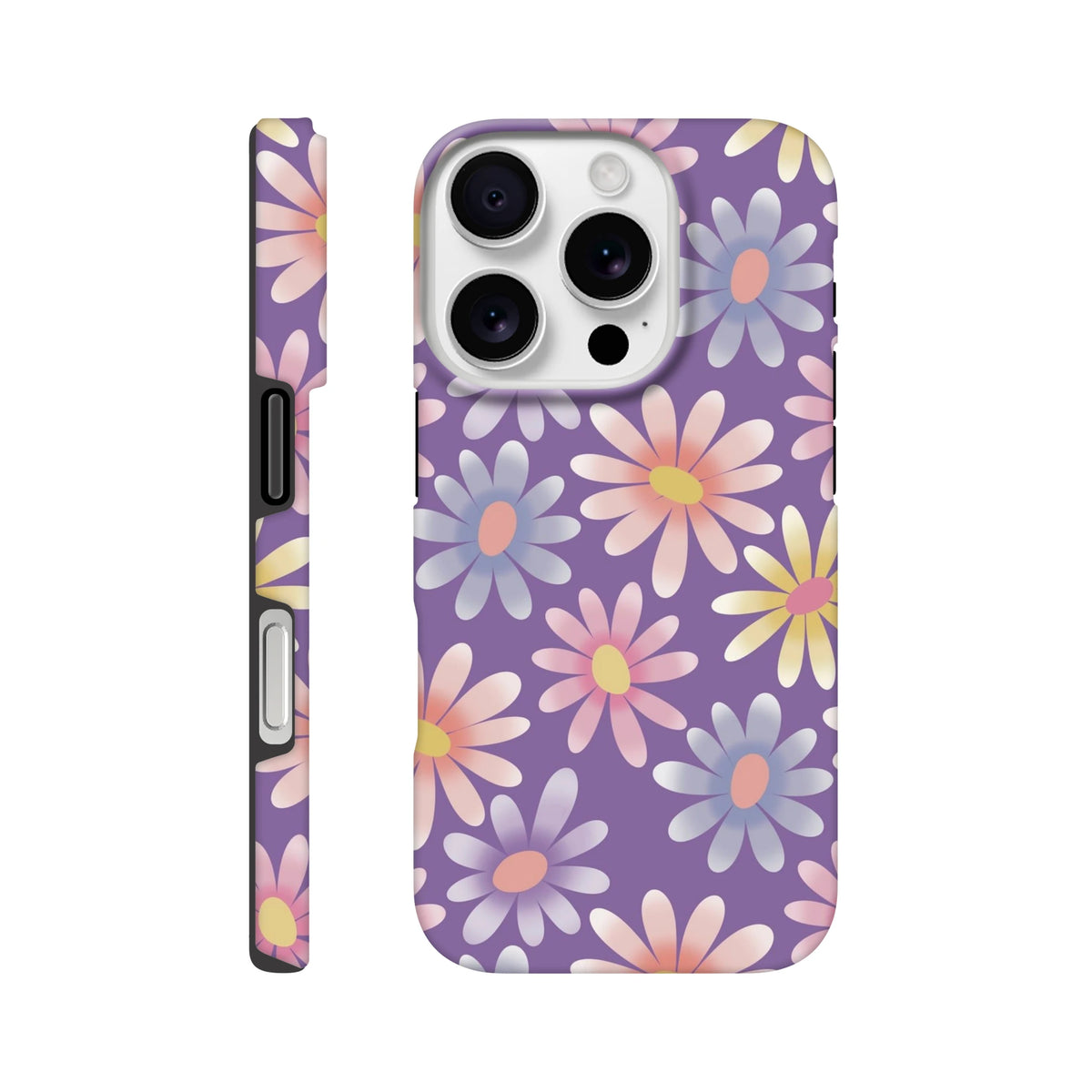 Purple iPhone case with retro pastel daisy floral pattern, featuring shock-absorbing TPU protection for models 13-16.