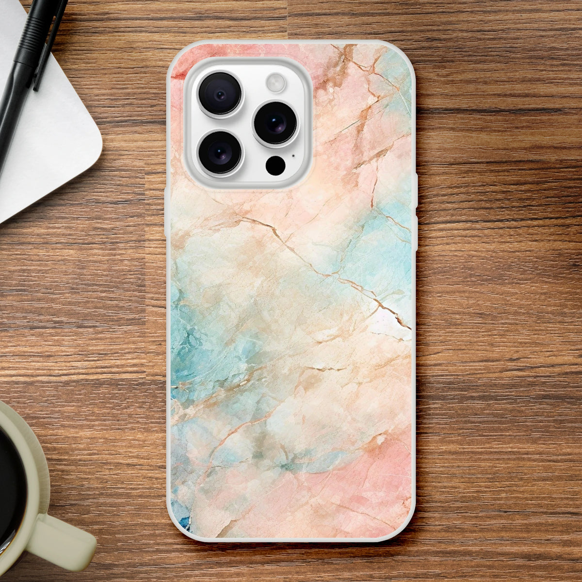 Pastel marble Peach & Aqua abstract iPhone case for 13-16, bold gallery-ready cover.