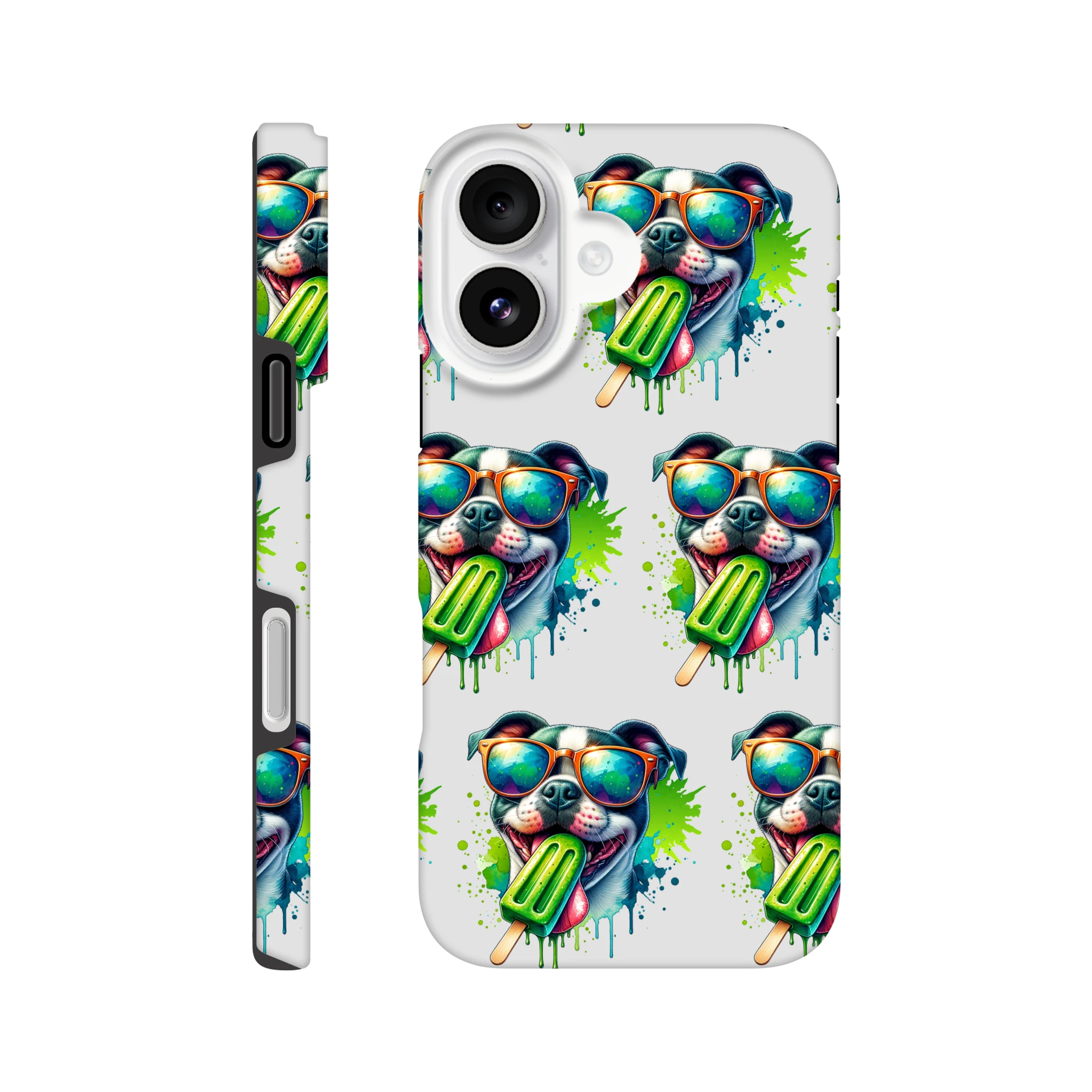 Chill dog with sunglasses and green popsicle pattern on a glossy dual-layer iPhone case for iPhone 16/15/14/13