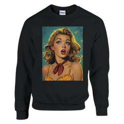 Blonde pop-art woman print on men's sweatshirt; vintage comic style graphic jumper for streetwear.