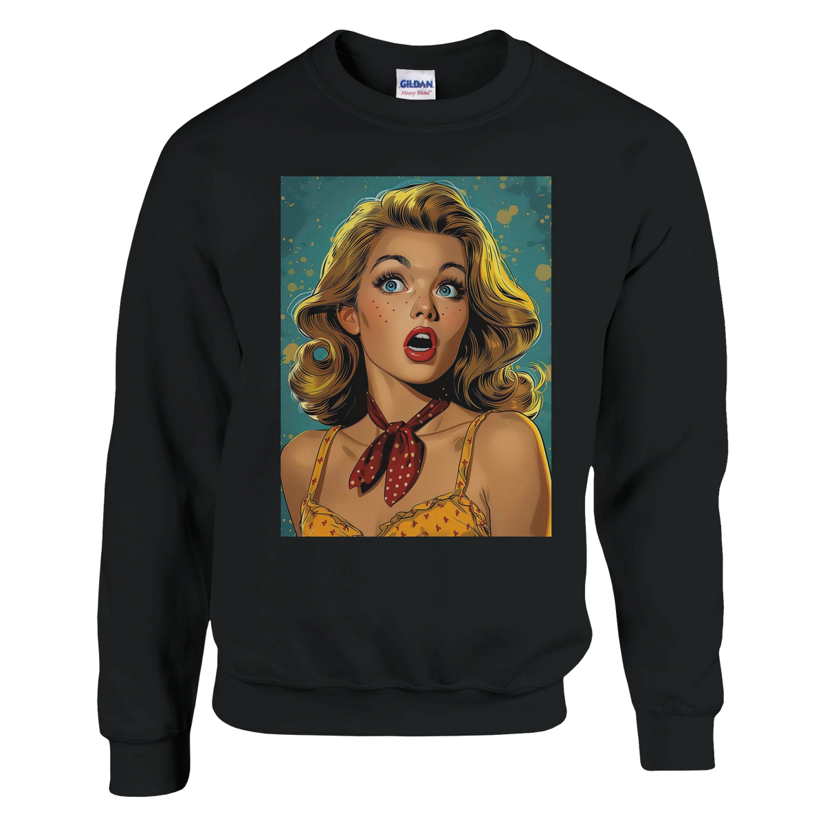 Blonde pop-art woman print on men's sweatshirt; vintage comic style graphic jumper for streetwear.