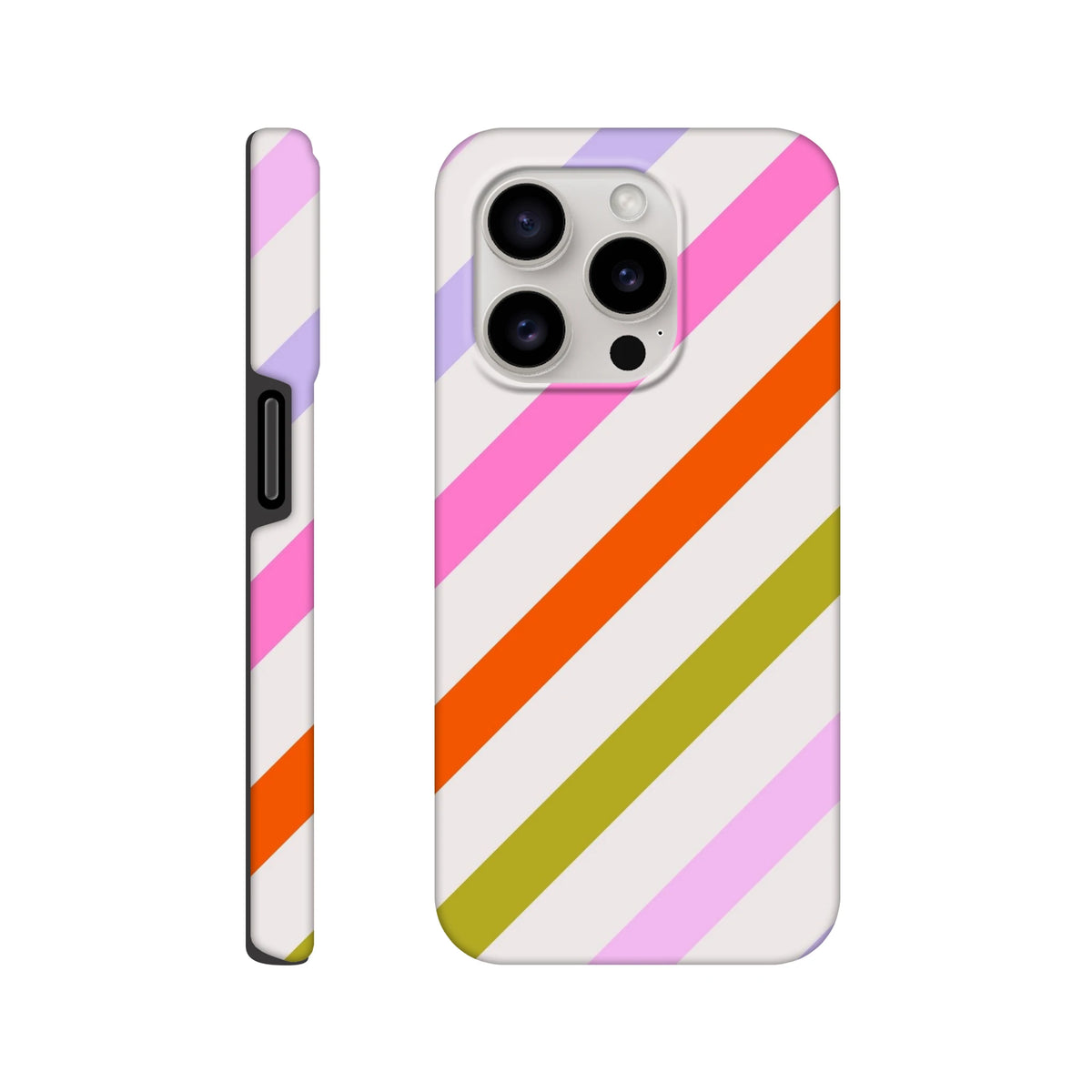 Retro tough iPhone case featuring colourful diagonal stripes in pink, orange, and green for drop and scratch protection.