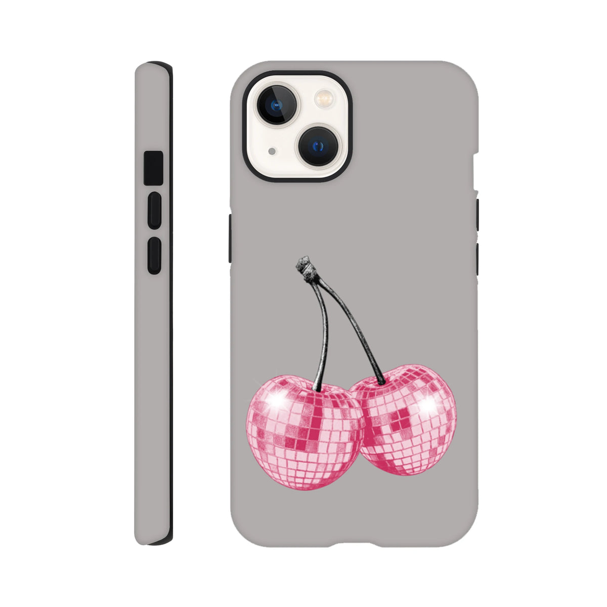 Matte grey tough iPhone case featuring pink glitter disco ball cherry design for models 13-16.