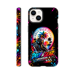 Drop A Gear iPhone case featuring a shift knob, Urban Palm Trees retro sunset graphic, and colorful paint splatter with shock-absorbing protection.
