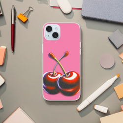 Pink cherry-illustrated iPhone case for iPhone 13–16, retro Y2K aesthetic.
