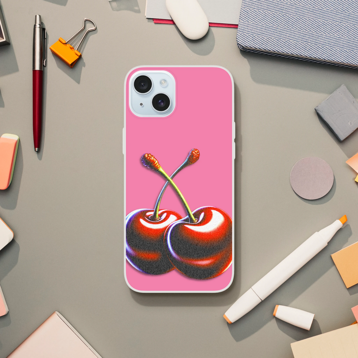 Pink cherry-illustrated iPhone case for iPhone 13–16, retro Y2K aesthetic.
