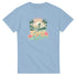 Light blue Tropical Surf graphic tee with palm trees, surfer on a wave, retro sunset and hibiscus, Enjoy The Waves.