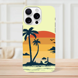 Retro Tropical Sunset Palm Tree Tough iPhone Case (13-16) with wraparound beach palm design