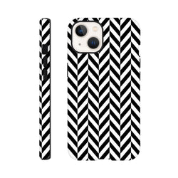 Black and white herringbone geometric iPhone case with tough dual-layer shock absorption and wraparound print for daily device protection.