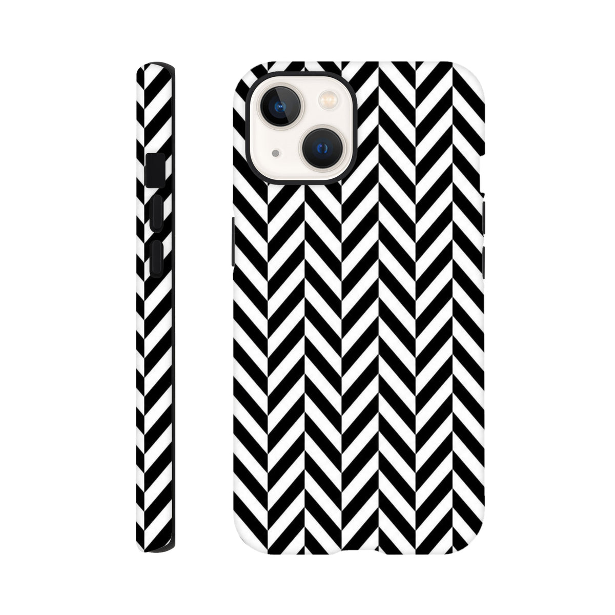 Black and white herringbone geometric iPhone case with tough dual-layer shock absorption and wraparound print for daily device protection.