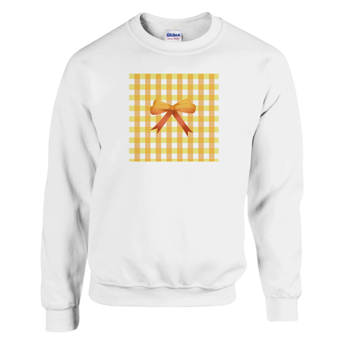 White sweatshirt featuring a yellow gingham square graphic with an orange coquette bow for a vintage street aesthetic.