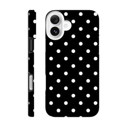 Black and white polka dot tough iPhone case with shock-absorbing TPU core and durable dual-layer frame for impact resistance.