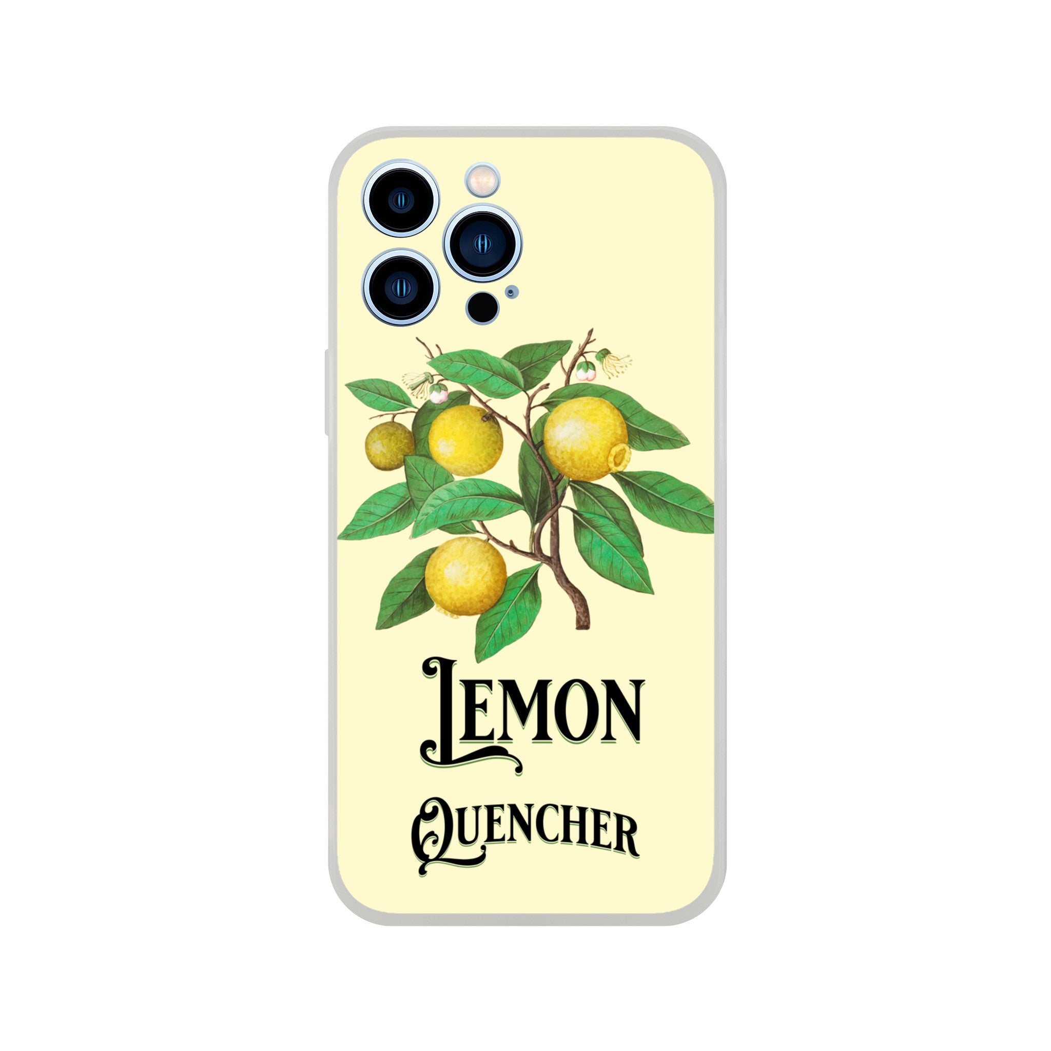 Slim iPhone case with lemon branch illustration and Lemon Quencher text on pale yellow background.