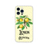Slim iPhone case with lemon branch illustration and Lemon Quencher text on pale yellow background.