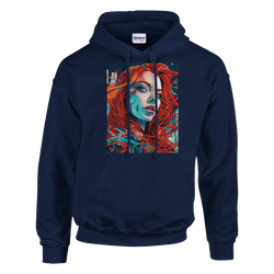 Navy hoodie featuring bold urban pop art print of a woman with flowing red hair and blue facial shading.