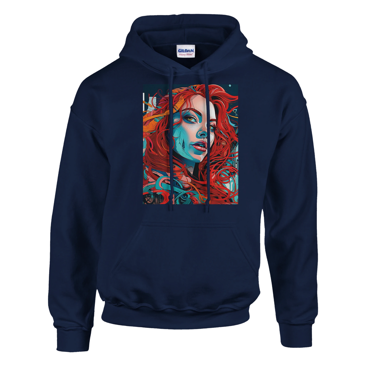 Navy hoodie featuring bold urban pop art print of a woman with flowing red hair and blue facial shading.