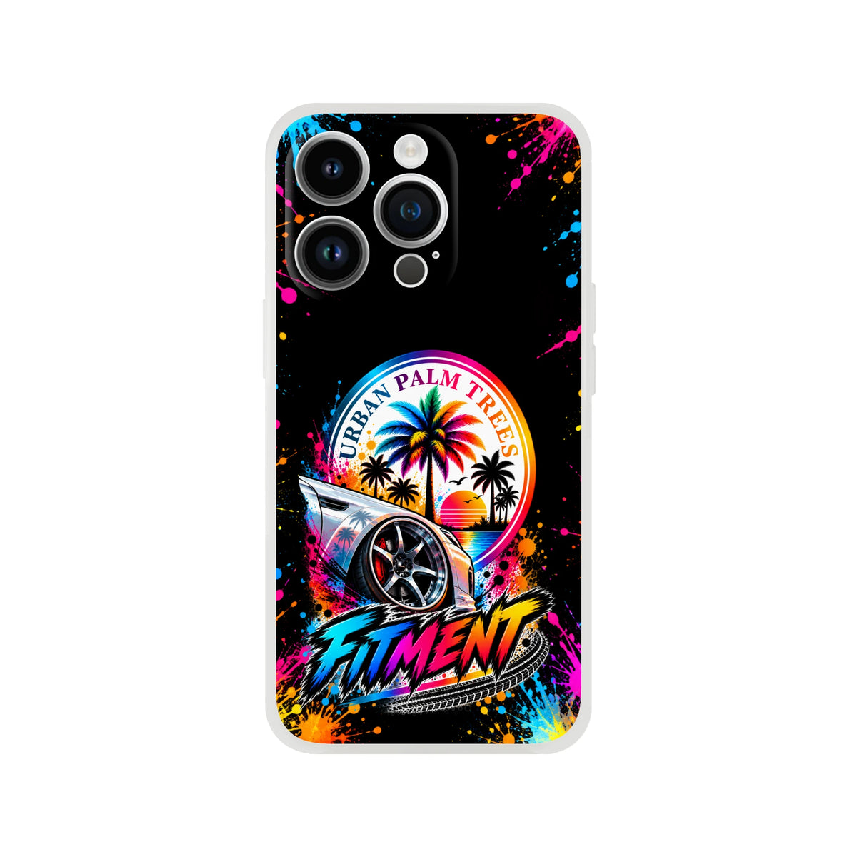 Fitment Stance iPhone case featuring lowered car, Urban Palm Trees sunset, and colorful paint splatters for petrolheads.