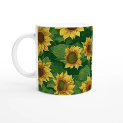 Vintage Sunflower Mug with bright yellow sunflowers on green leaves, durable ceramic.