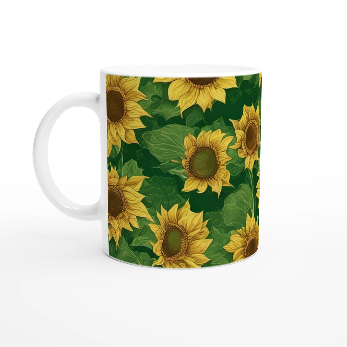Vintage Sunflower Mug with bright yellow sunflowers on green leaves, durable ceramic.