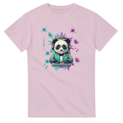 Pink t-shirt featuring a cool panda DJ with headphones, sunglasses, and turntables amidst colorful splatter art.