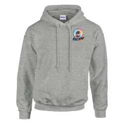 Grey men's streetwear hoodie featuring a colorful Urban Palm Trees Full Send graphic on the chest and a front pouch pocket.