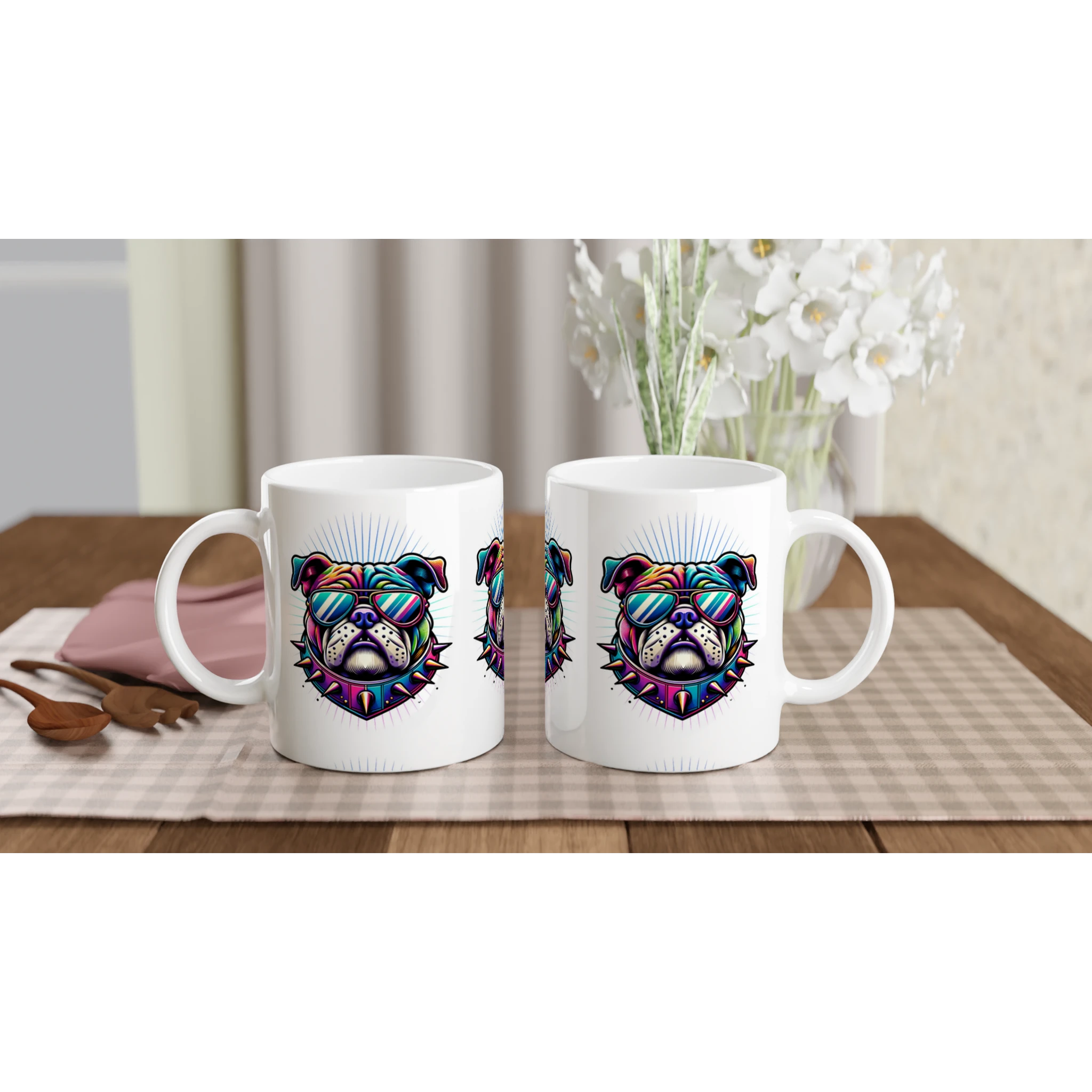Pair of glossy white ceramic mugs featuring a colorful bulldog wearing sunglasses and a spiked collar.