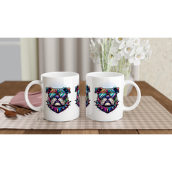 Pair of glossy white ceramic mugs featuring a colorful bulldog wearing sunglasses and a spiked collar.
