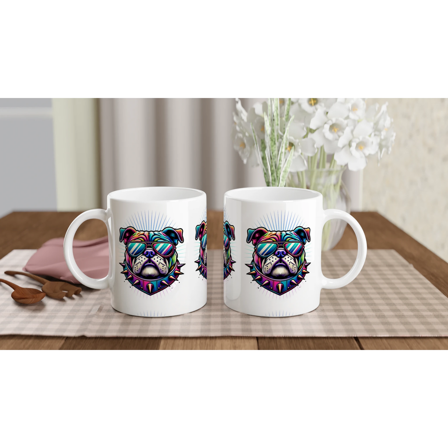 Pair of glossy white ceramic mugs featuring a colorful bulldog wearing sunglasses and a spiked collar.
