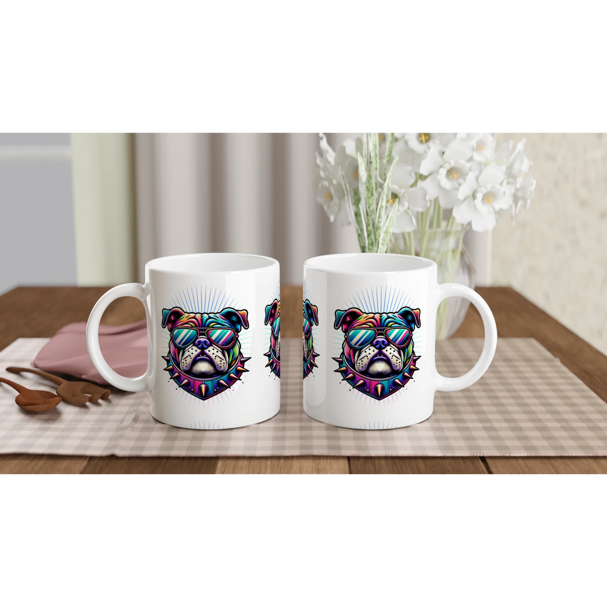 Pair of glossy white ceramic mugs featuring a colorful bulldog wearing sunglasses and a spiked collar.