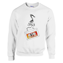 White sweatshirt featuring a retro orange cassette tape graphic with unwound tape and 90s Hits text for vintage music lovers.