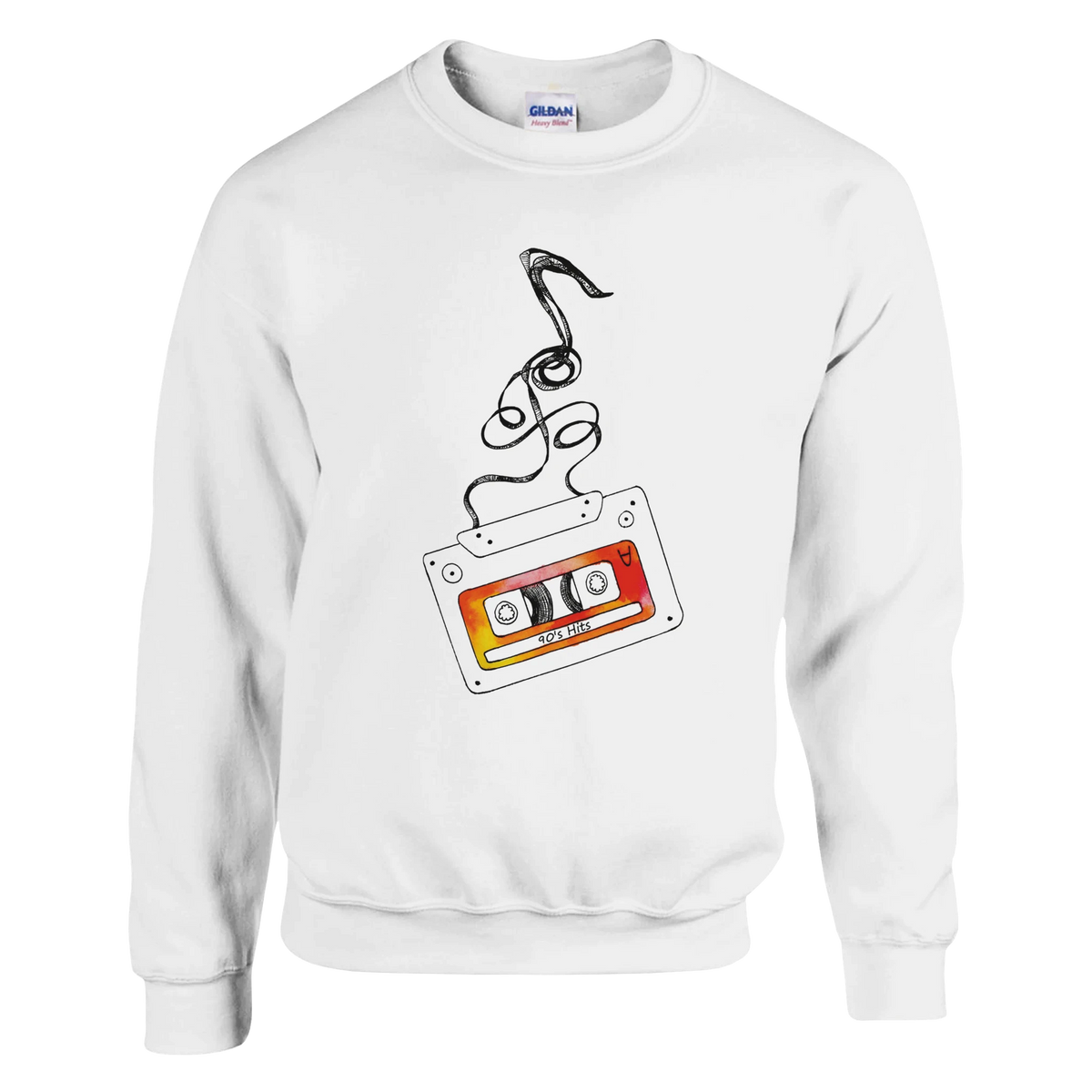 White sweatshirt featuring a retro orange cassette tape graphic with unwound tape and 90s Hits text for vintage music lovers.