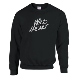Black sweatshirt with white Wild Heart slogan on the chest.