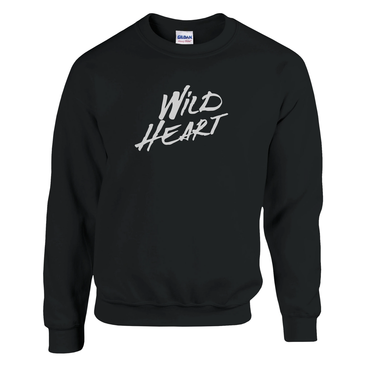 Black sweatshirt with white Wild Heart slogan on the chest.