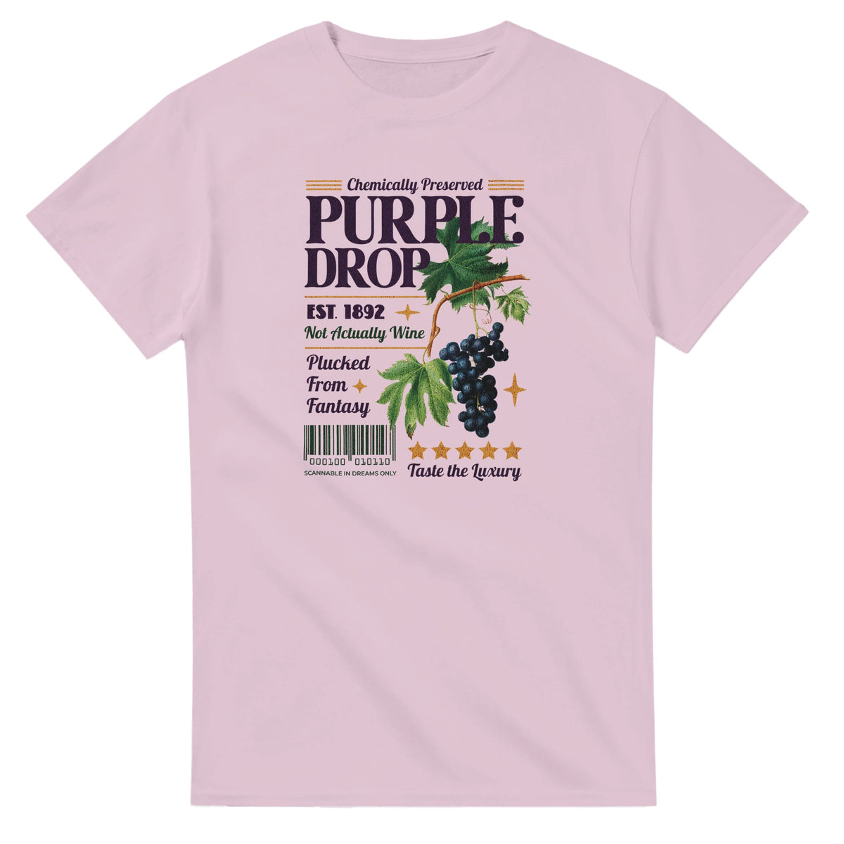 Grapes women's graphic T-shirt in pink cotton blend with grape bunch illustration.