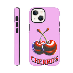 Pink tough iPhone case with retro Y2K cherry graphic and "CHERRIES" text, offering durable protection for daily use.