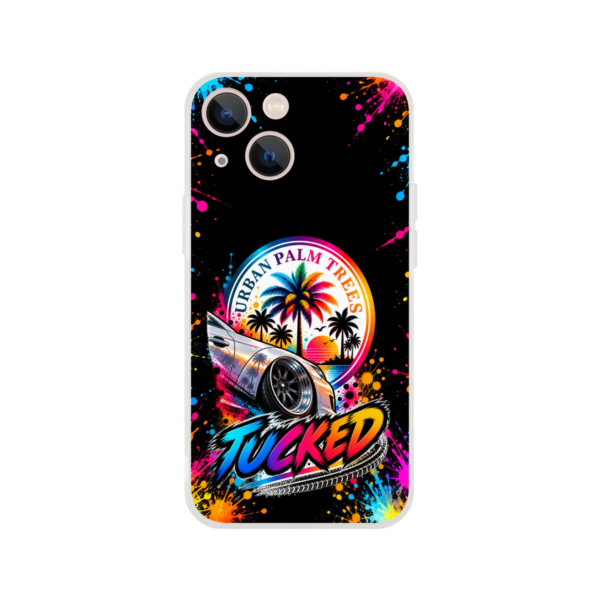 Tucked stance iPhone case featuring lowered car, Urban Palm Trees sunset graphic, and colorful paint splatters on black background.