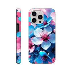 Vibrant blue and pink floral iPhone case design offering tough protection for daily commutes and urban style.